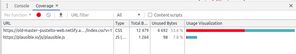 Coverage report for my projects page before any optimizations, over 53% of the CSS is not used on the page.